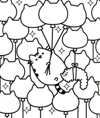 Online coloring book: Pusheen is floating up with the balloons